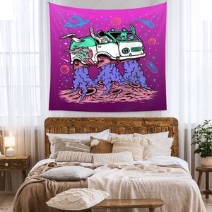 Detail of bohemian tapestry featuring a retro sci-fi space van landing on a pink lunar moon