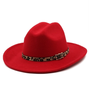Red wool fedora hat with leopard print belt and gold buckle for classic western style