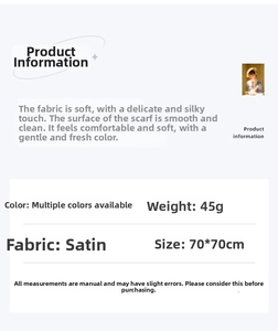 Detail showing 70x70cm satin silk scarf specifications, 45g weight and soft texture