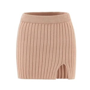 Women's apricot knit ribbed midi skirt with side slit detail on white background