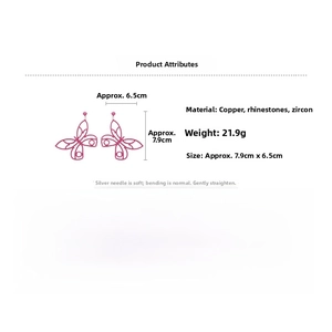 Detail view of pink butterfly earrings with dimensions 7.9x6.5cm and zircon inlay