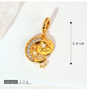 Detailed view of a gold crescent moon and star pendant with zirconia pavé, size 2.4cm