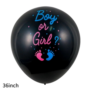 36-inch black latex gender reveal balloon featuring Boy or Girl print and baby footprints