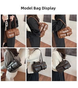 Detailed views of vintage bowling bag with multi-pocket design shown on model's shoulder