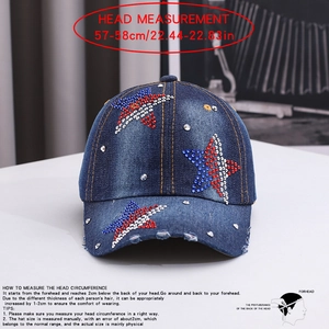 Verwaschene Denim-Baseballkappe mit Strass-Sternenmuster und 57-58cm verstellbarer Form