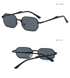 Polygonal metal sunglasses detail showing 45-degree side view and back view fold