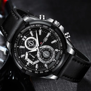 Men's sports chronograph watch with black leather strap and tachymeter bezel