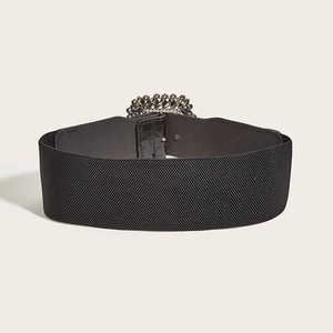 Women's wide elastic waist belt with vintage rhinestone buckle for dresses