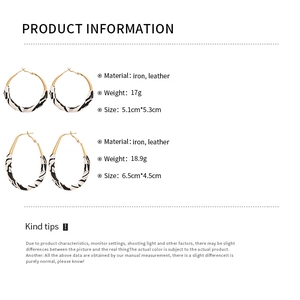 Detailed size and weight specs for circular and oval leather-wrapped hoop earrings