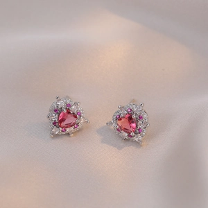 Elegant heart-shaped red zircon necklace and earring set in polished stainless steel