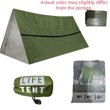 Detail of army green emergency shelter tent kit with life tent storage bag and packaging