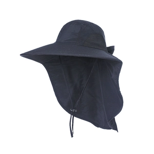 Detail of outdoor sun hat featuring wide brim, neck flap and breathable mesh panel