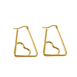 Minimalist gold heart earrings with geometric trapezoid frame and hollow heart design