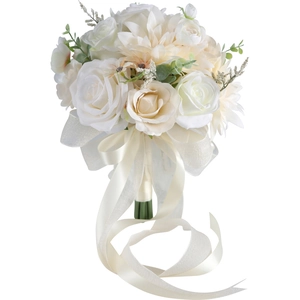 Elegant white wedding bouquet with roses and dahlia featuring long hanging silk ribbons