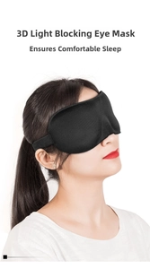 Close-up of 3D contoured sleep mask on a female model showing ergonomic fit and light blocking