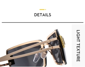 Macro view showing the high-quality gold metal hinge and frame of Y2K rimless sunglasses