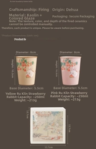 Detailed view of the Ru kiln ceramic tea cup featuring strawberry rabbit and packaging box