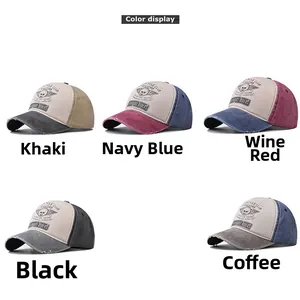 Detailed color display of vintage washed cotton baseball caps with skull print and distressed brims