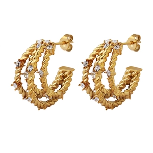 Titanium Steel Hoop Earrings For Women 18K Gold Plated Twisted Rope Design Zircon Inlaid C Shape Korean Style Jewelry