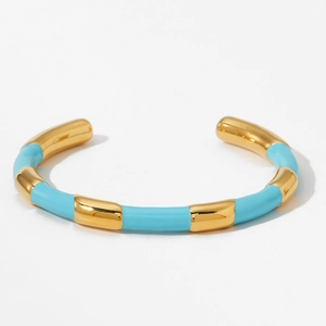 Modern gold-plated stainless steel open bangle with sky blue enamel color blocking