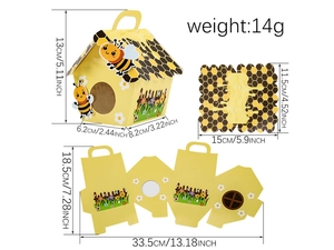 Detailed size chart showing dimensions of the yellow bee-themed trapezoid candy gift box