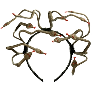 Detailed close-up of bronze Medusa snake headband with red eye accents for cosplay costumes