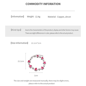 Detailed view of red heart zircon bracelet with copper material and weight specifications