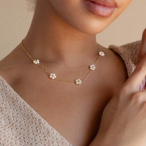 Flower Pendant Necklace Stainless Steel Synthetic Artificial Pearl 18K Gold Plated Adjustable Chain Jewelry For Women Sweet Style