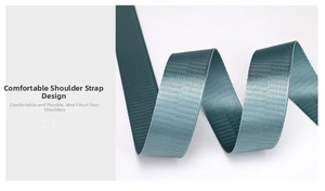 Detail of wide teal nylon shoulder strap with high-density twill weave for comfort