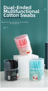 Close-up of double-headed ear swabs with spiral spoon and cotton tips in boxed packaging