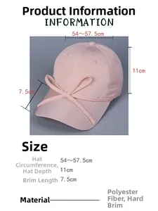 Pink satin bow baseball cap dimensions showing 54-57.5cm circumference and 7.5cm brim
