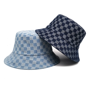 Checkerboard Pattern Denim Bucket Hat For Women Vintage Japanese Style Round Top Sun Protection Casual Summer Accessory