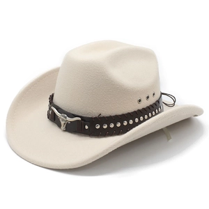 Detail of cream felt cowboy hat featuring leather band with metal bull head and studs