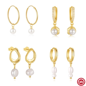 Artificial Pearl Pendant Hoop Earrings With 925 Sterling Silver Earring Post And Cubic Zirconia For Women Elegant French Vintage Style