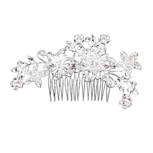 Bridal Hair Comb Elegant Rhinestone Faux Artificial Pearl Flower Leaf Design Wedding Headpiece Silver Tone Jewelry Accessory Women