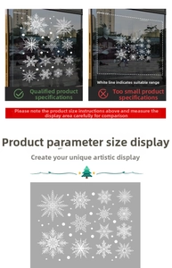 Close-up of white snowflake window decals with size comparison for holiday decoration