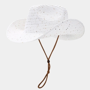 Detailed texture of white straw cowboy hat with an adjustable brown woven lanyard