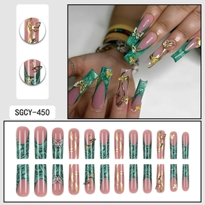 French green marble long coffin press on nails with gold butterflies and rhinestones