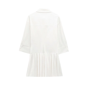 White short-sleeved pleated shirt dress for women with classic collar and back view details