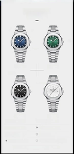 Four steel quartz watches in blue, green, black, and white dial options