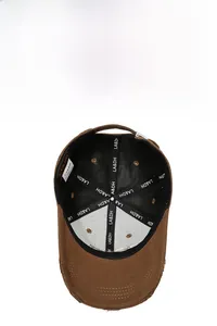 Inside view of brown baseball cap featuring reinforced LA&DH tape and interior stitching