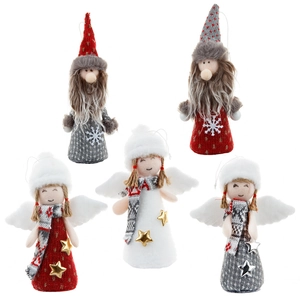 5-piece set of Christmas dwarf and angel plush pendants with red, grey, and white knit details