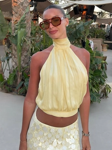 Sexy light yellow halter neck backless top with pleated texture for women fashion