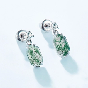 S925 sterling silver drop earrings with rectangle-cut green moss agate gemstones