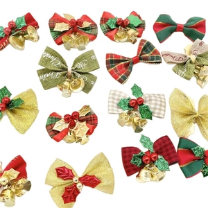 Christmas bow decorations set with metal bells and plaid patterns for tree and doll hanging