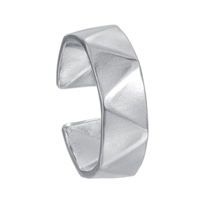 Polished silver geometric faceted stainless steel open ring with minimalist 3D design