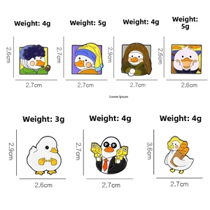 Funny cartoon duck enamel pins set featuring famous art parodies like Mona Lisa and Van Gogh