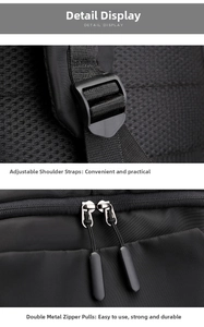 Detail of adjustable straps and durable dual hardware zippers on a black nylon backpack