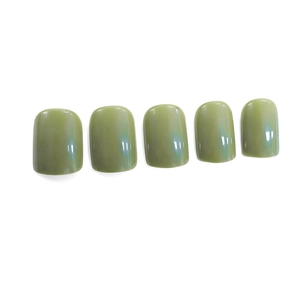 Short square press-on nails in minimalist glossy bean green finish, set of five pieces