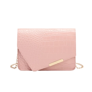 Pink faux crocodile texture small square crossbody bag with gold chain strap for women